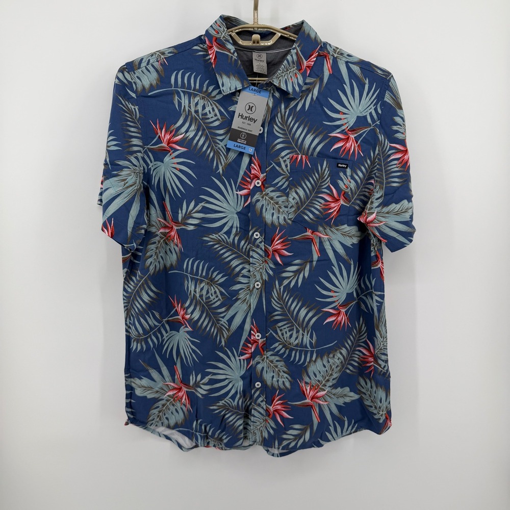 $68 NEW Hurley Boardwalk Hawaiian Shirt Mens L Navy Blue Tropical Floral Surf